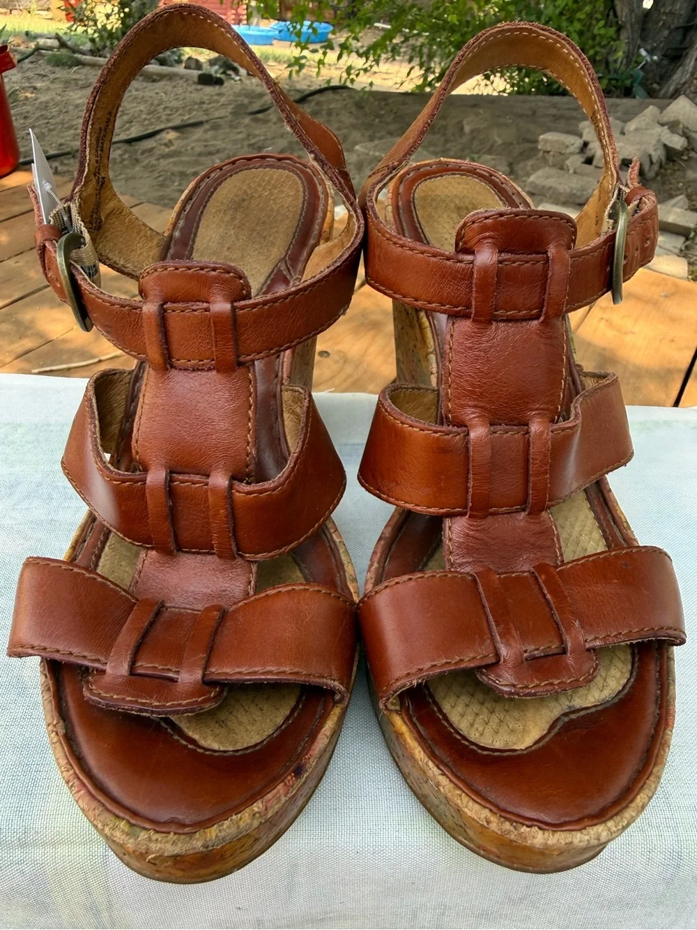 Born Leather Strappy Floral Cork Wedge Sandals